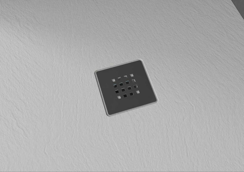 Piatto Doccia 140x80 effetto Pietra bianco neve con 00 Bianco visto dall'alto con superficie e piletta di scarico