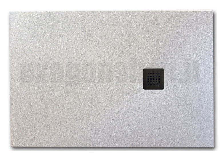 Piatto Doccia 140x80 effetto Pietra bianco neve con 00 Bianco in naturale visto dall'alto con superficie e piletta di scarico