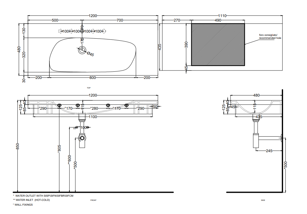 Cielo Enjoy Lavabo 120x48 Sospeso O Da Appoggio Con Piletta, vista frontale su sfondo bianco