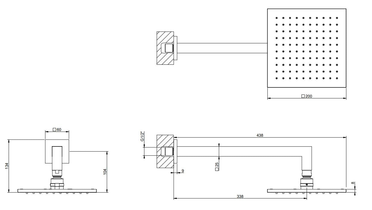 Soffione doccia 20x20 quadro Anticalcare Orientabile con, dettaglio ravvicinato della finitura e del marchio