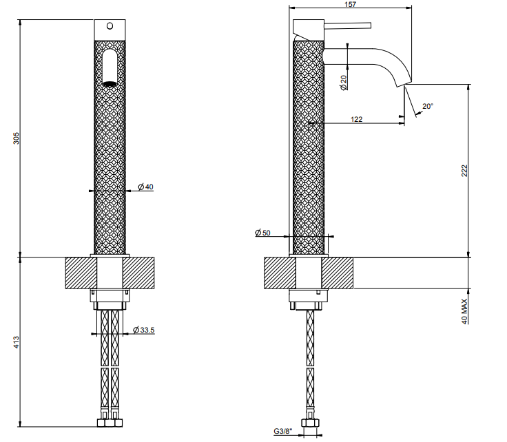 Gessi Intreccio Miscelatore lavabo alto per ciotola senza, vista frontale su sfondo bianco