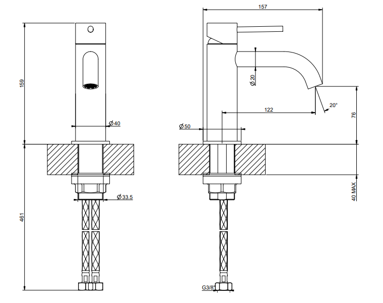 Gessi Flessa Miscelatore lavabo monocomando senza scarico, vista frontale su sfondo bianco
