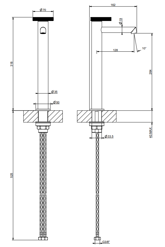 Gessi anello Miscelatore lavabo alto con bocca corta senza Cromato, vista frontale su sfondo bianco