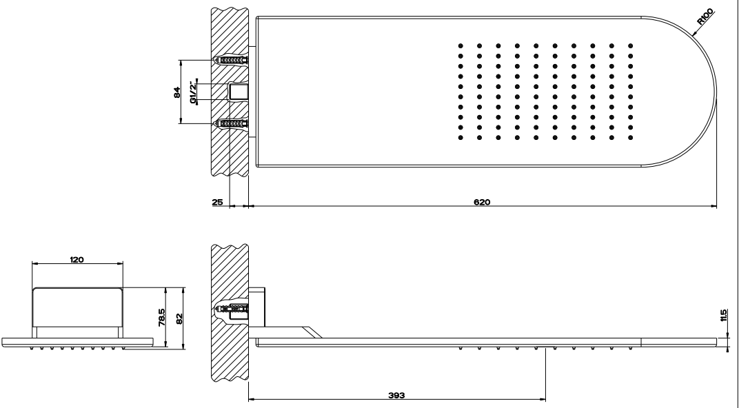 Soffione doccia a parete cromo Steel brushed 239 Inverso, componenti inclusi smontati: corpo incasso, placca e rosone