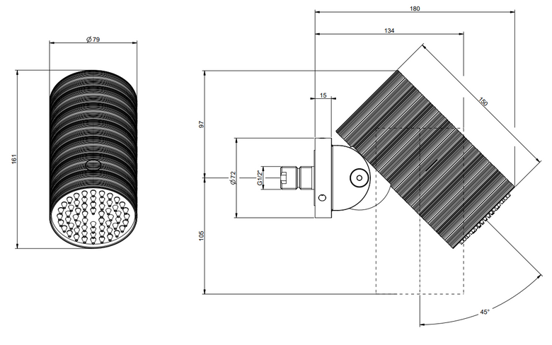 Gessi Soffione a parete funzione multi spray steel brushed, dettaglio ravvicinato della finitura e del marchio