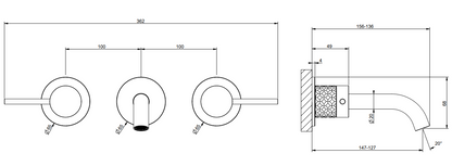 Gessi Intreccio Parte esterna gruppo lavabo a parete 3 fori senza scarico parte incasso non inclusa steel brushed 54192