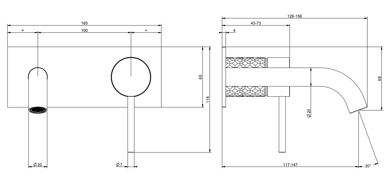 Gessi Intreccio Parte esterna miscelatore lavabo a parete, vista frontale su sfondo bianco