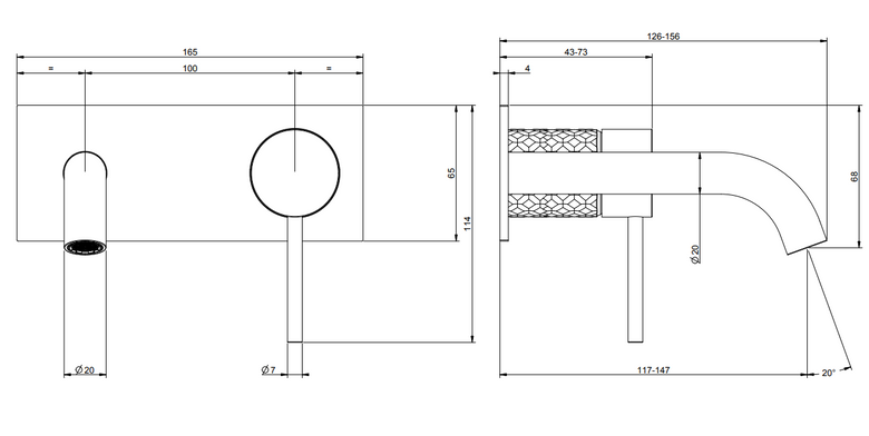 Gessi Intreccio Parte esterna miscelatore lavabo a parete, vista frontale su sfondo bianco