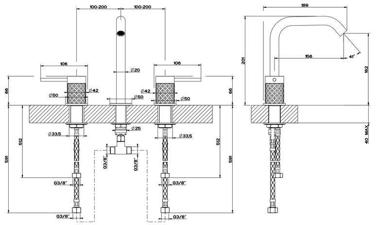 Gessi Intreccio Gruppo lavabo 3 fori con bocca senza, vista frontale su sfondo bianco