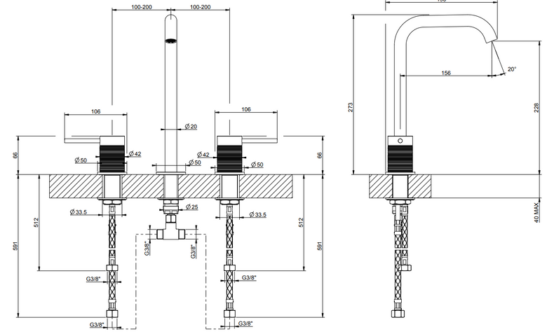 Gessi trame Gruppo lavabo 3 fori con bocca alta senza, vista frontale su sfondo bianco