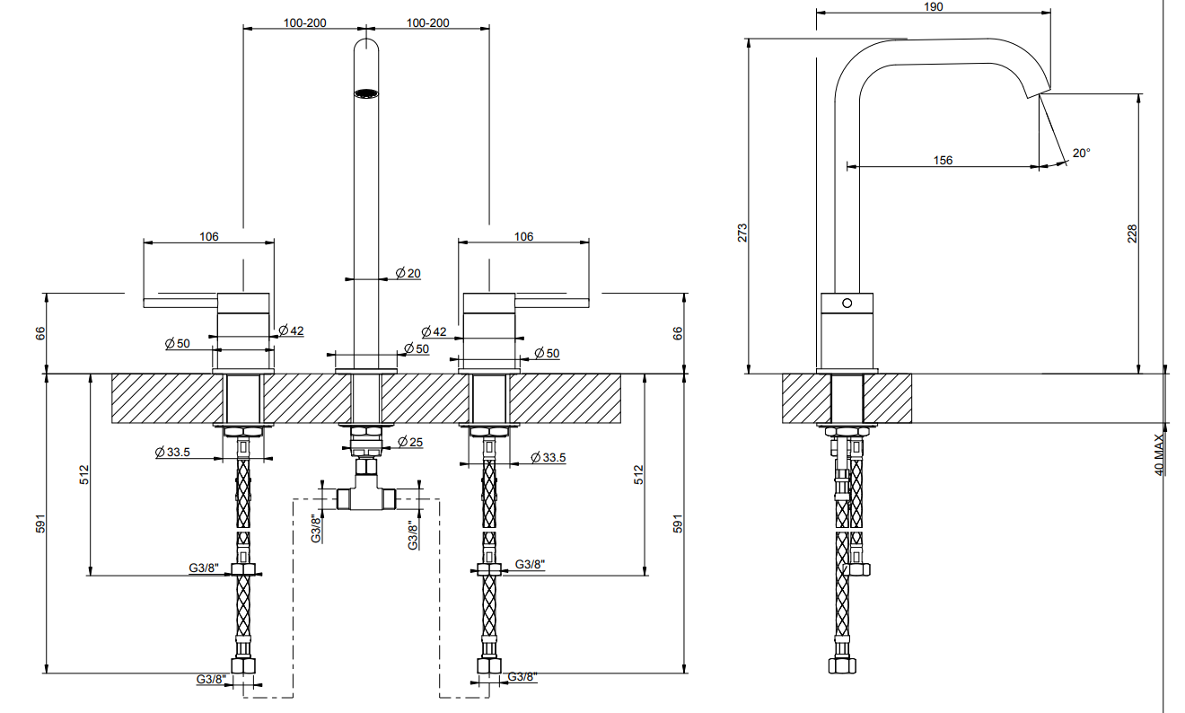 Gessi Flessa Gruppo lavabo 3 fori alto senza scarico steel, vista frontale su sfondo bianco