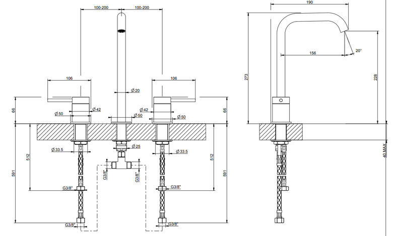 Gessi Flessa Gruppo lavabo 3 fori alto senza scarico steel, vista frontale su sfondo bianco