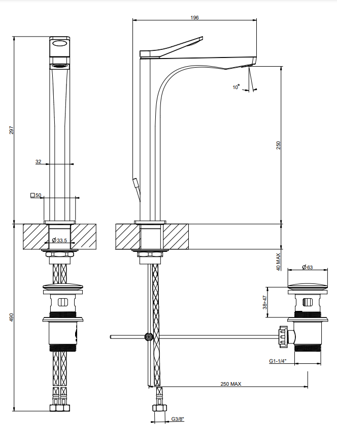 Miscelatore lavabo alto con scarico cromo rilievo gessi Cromo Lucido, vista frontale su sfondo bianco