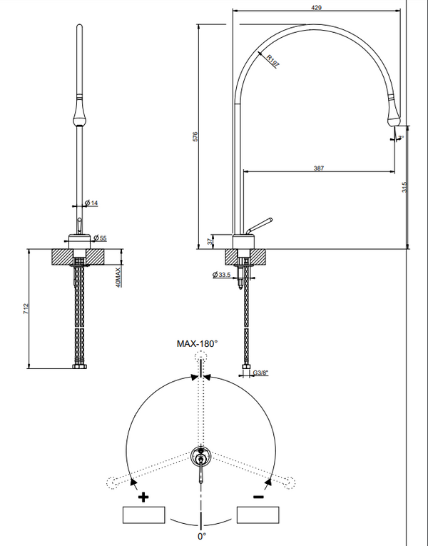 Gessi Goccia Miscelatore lavabo bocca lunga curva senza scarico cromo 33804