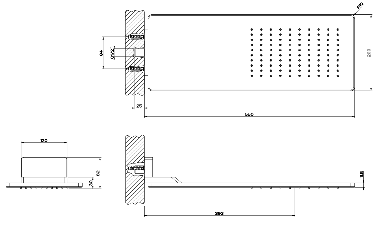 Soffione doccia a parete mirror steel inverso gessi, dettaglio ravvicinato della finitura e del marchio