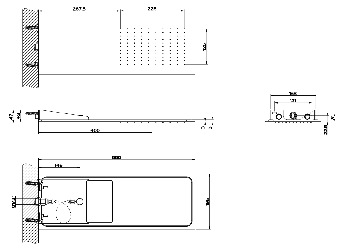Gessi Tremillimetri soffione 55 x20 a parete mirror steel, dettaglio ravvicinato della finitura e del marchio