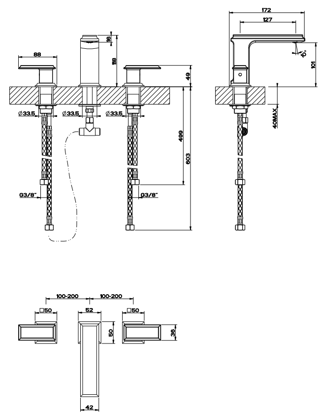 Gruppo lavabo 3 fori senza scarico con flessibili cromo Cromo Lucido, vista frontale su sfondo bianco