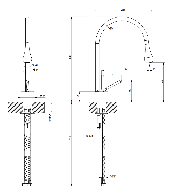 Gessi Goccia miscelatore lavabo bocca corta ad ombrello Cromo Lucido, vista frontale su sfondo bianco
