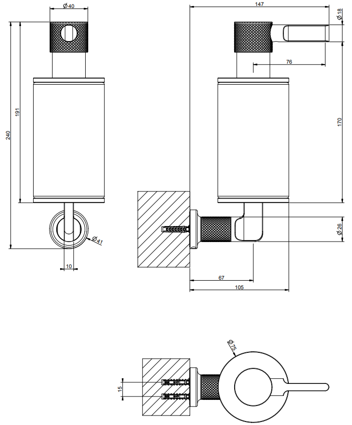 Dispenser sapone liquido a muro nero matt black xl inciso, dettaglio ravvicinato del materiale e dell'aggancio