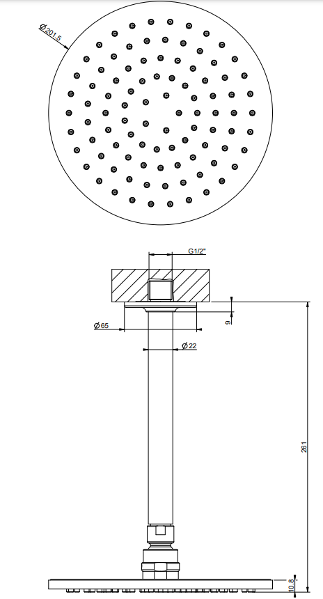 Gessi Inciso Soffione 20 cm braccio a soffitto orientabile, dettaglio ravvicinato della finitura e del marchio
