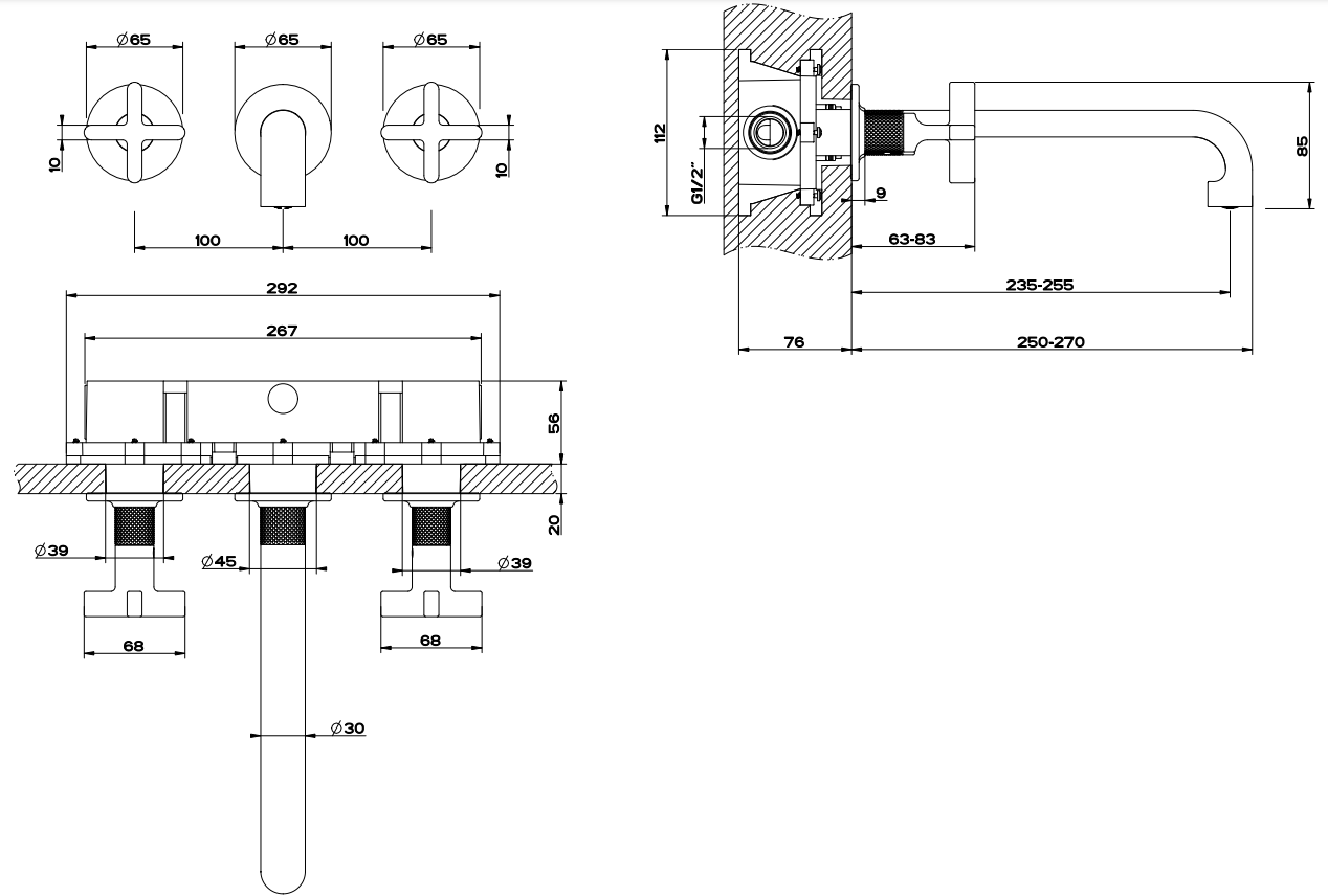 Gessi Inciso Parte esterna gruppo lavabo a parete 3 fori, vista frontale su sfondo bianco