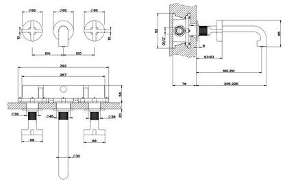 Gessi Inciso Parte esterna gruppo lavabo a parete 3 fori nero opaco 58190
