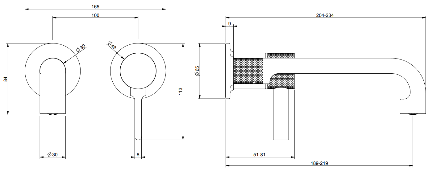 Gessi Inciso Parte esterna miscelatore lavabo a parete Black Xl, vista frontale su sfondo bianco