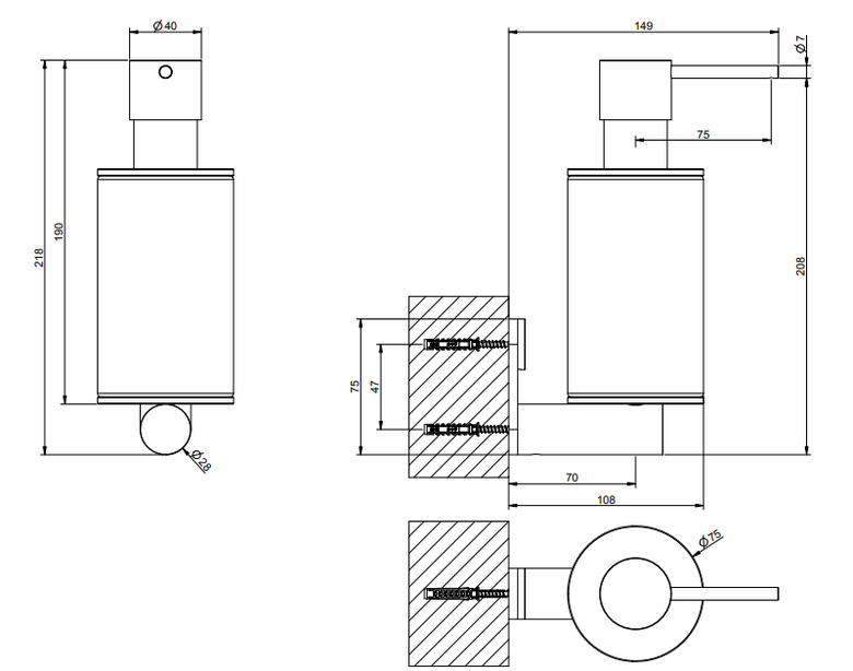Dispenser porta sapone liquido a parete bianco steel, dettaglio ravvicinato del materiale e dell'aggancio