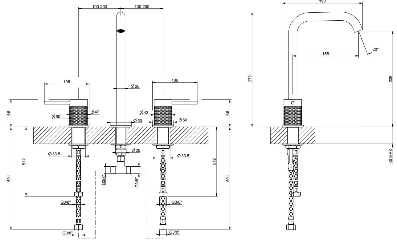 Gessi Cesello Gruppo lavabo 3 fori con bocca senza scarico, vista frontale su sfondo bianco