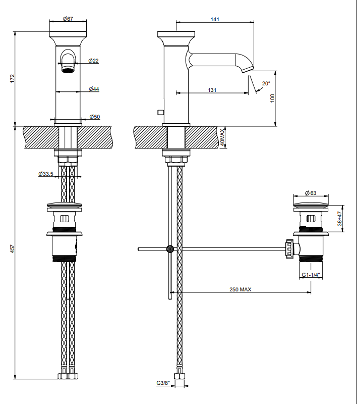 Gessi Miscelatore lavabo monocomando con scarico brass, vista frontale su sfondo bianco