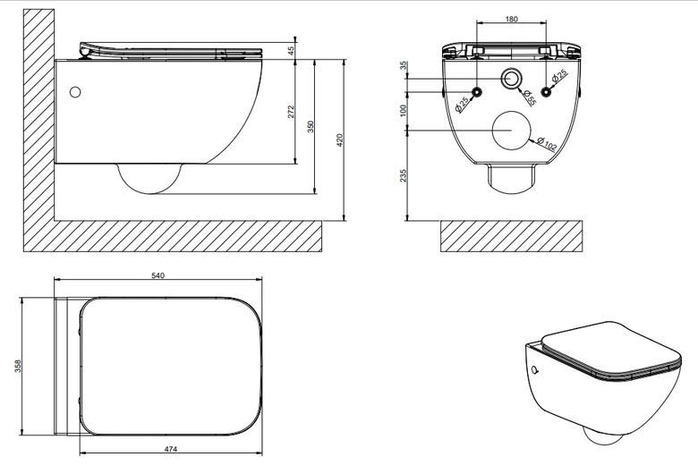 Wc sospeso senza brida 6 litri in ceramica con sedile slim Bianco Eu Lucido, vista frontale su sfondo bianco