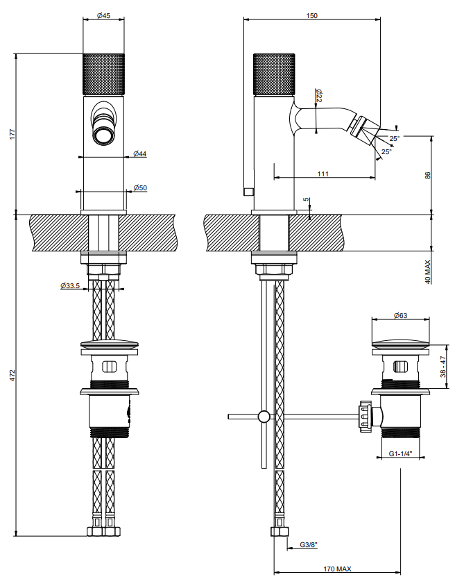 Gessi Miscelatore bidet con scarico brass brushed pvd, dettaglio ravvicinato della finitura e del marchio