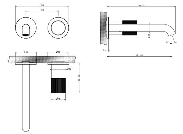 Parte esterna miscelatore lavabo da parete brass brushed rigato habito 70588 gessi
