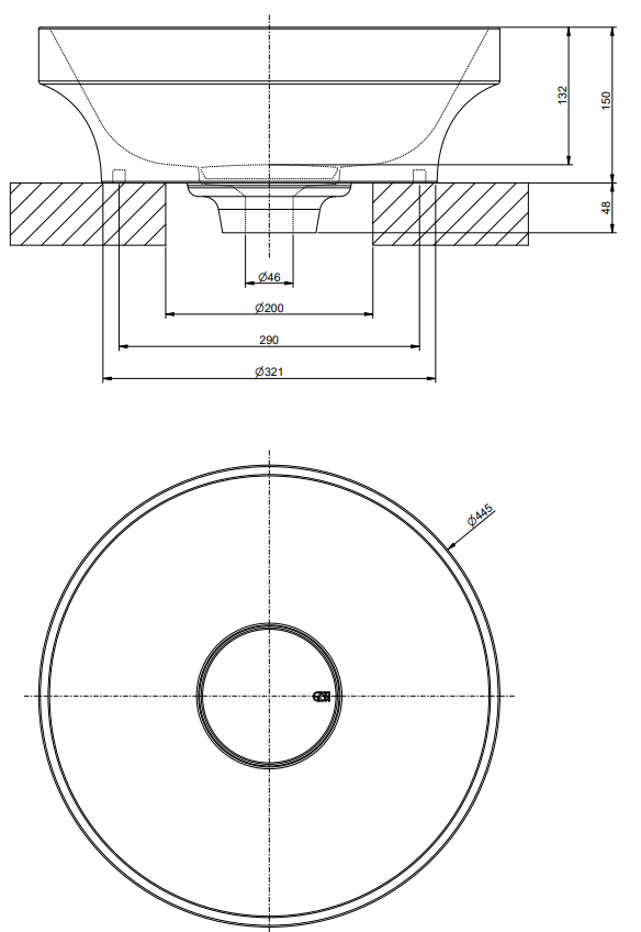 Lavabo da appoggio 445 mm senza troppopieno in cristalplant, vista frontale su sfondo bianco
