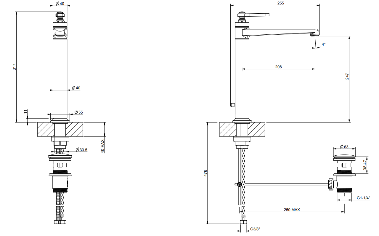 Gessi Miscelatore lavabo alto con scarico cromo Cromo Lucido, vista frontale su sfondo bianco