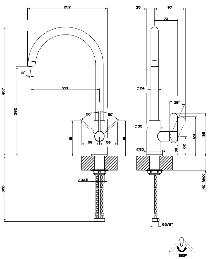 Miscelatore lavello monocomando con canna giravole cromo Cromo Lucido, dettaglio della doccetta estraibile