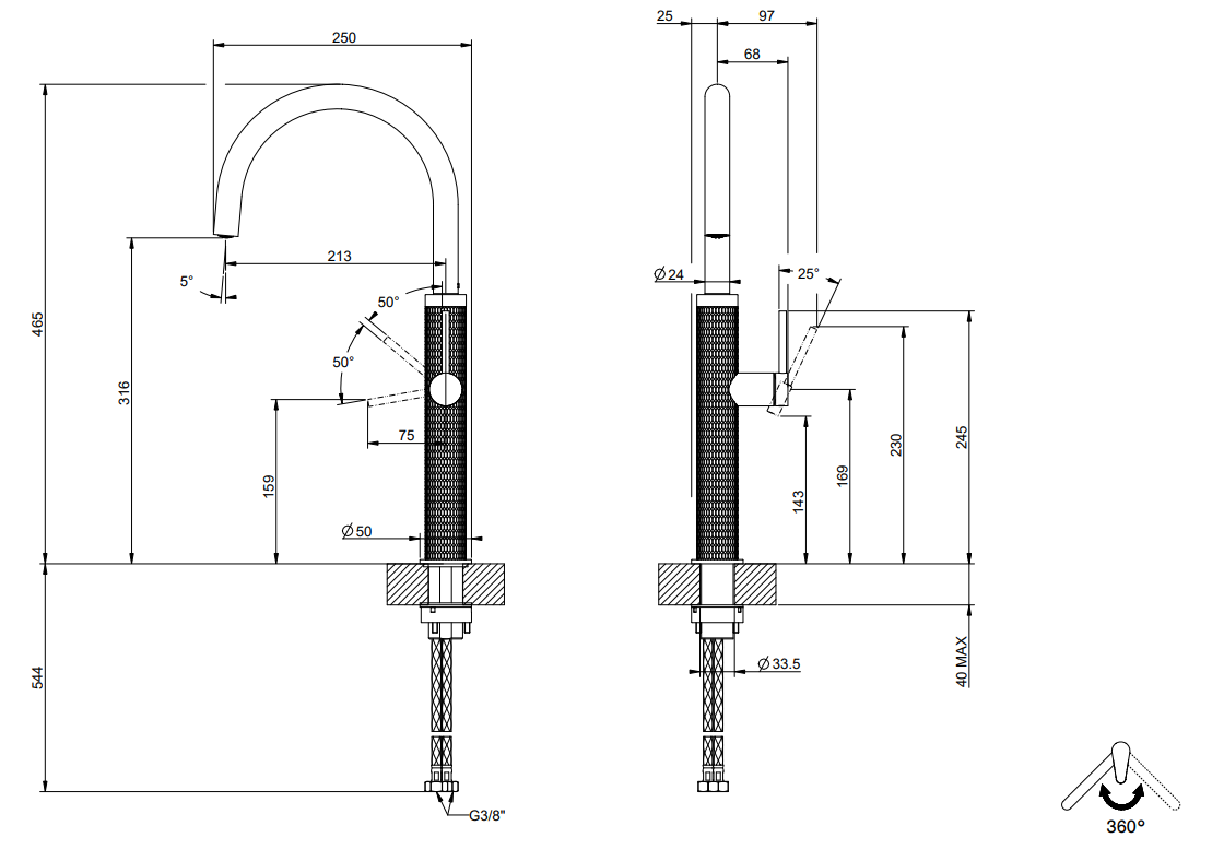Miscelatore lavello monocomando con canna girevole steel, dettaglio della doccetta estraibile