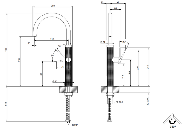 Miscelatore lavello monocomando con canna girevole steel, dettaglio della doccetta estraibile