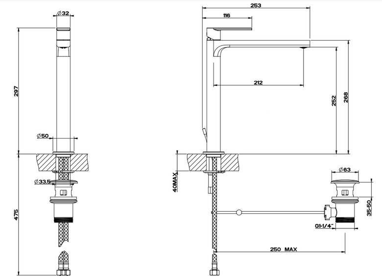 Miscelatore Lavabo Alto Con Scarico Cromo Via Manzoni Gessi Cromo Lucido, vista frontale su sfondo bianco