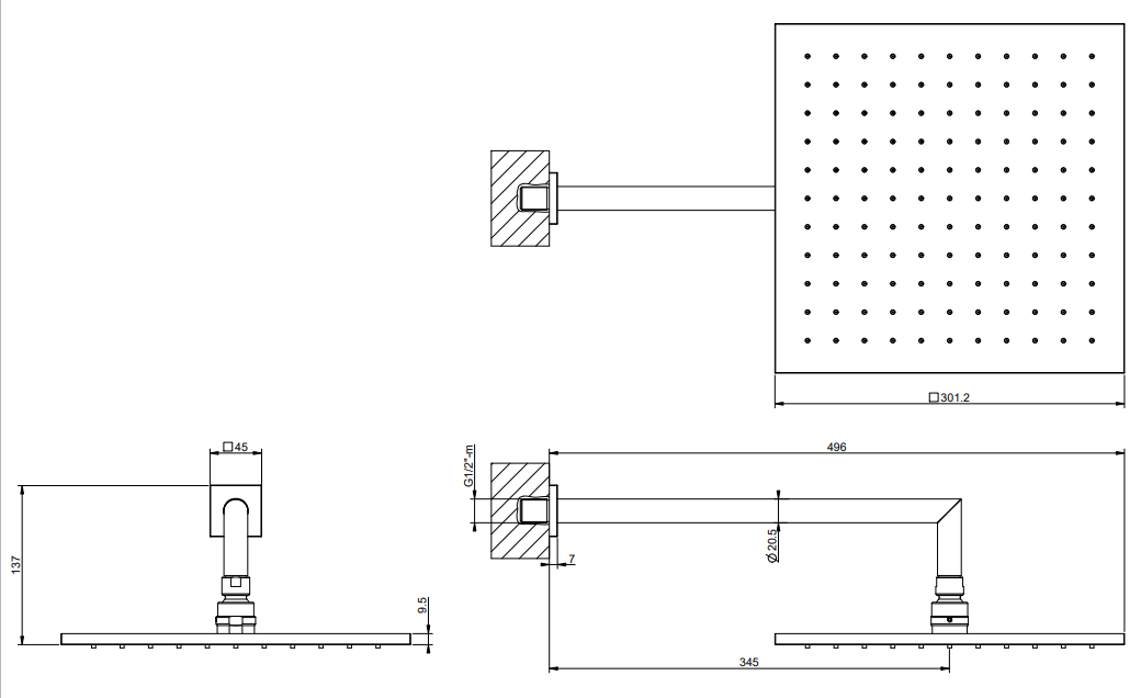 Gessi Soffione 30x30 quadro a parete orientabile cromo Cromo Lucido, dettaglio ravvicinato della finitura e del marchio
