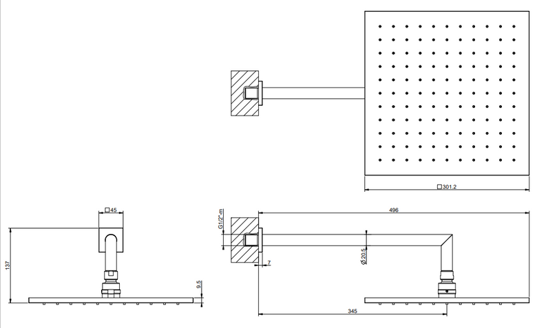 Gessi Soffione 30x30 quadro a parete orientabile cromo Cromo Lucido, dettaglio ravvicinato della finitura e del marchio