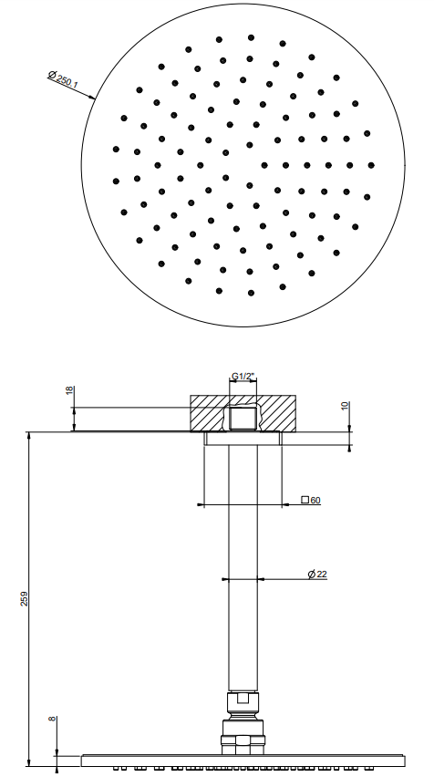 Soffione anticalcare doccia 25 cm a soffitto orientabile Cromo Lucido, dettaglio ravvicinato della finitura e del marchio