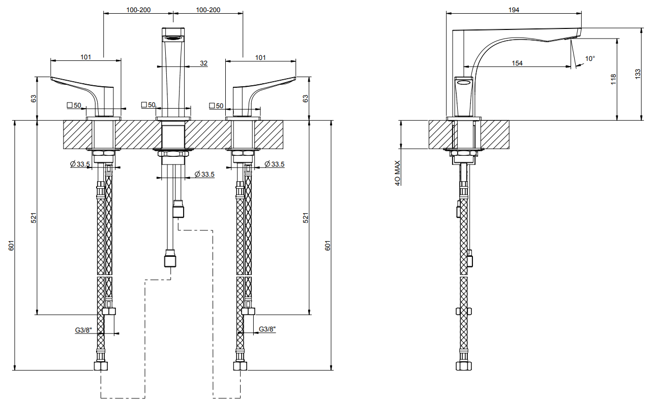 Gessi Rilievo Gruppo lavabo 3 fori senza scarico cromo Cromo Lucido, vista frontale su sfondo bianco