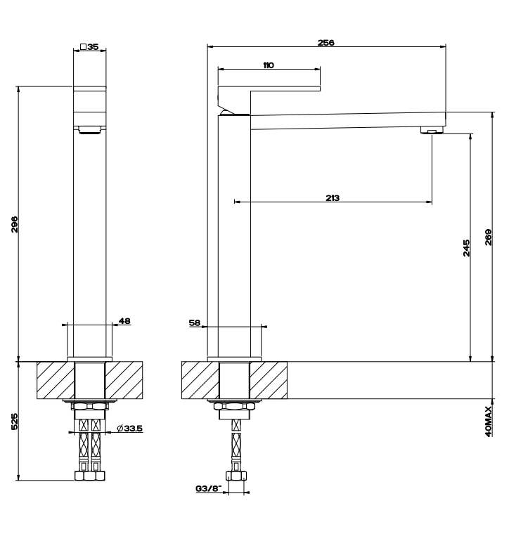 Gessi Rettangolo Miscelatore lavabo alto senza scarico cromo Cromo Lucido, vista frontale su sfondo bianco