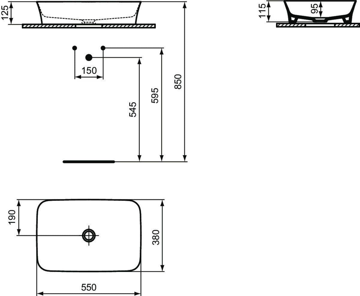 Ideal standard Ipalyss Lavabo 55x38 da appoggio senza ambientato su piano bagno con accessori