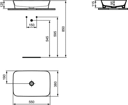 Ideal standard Ipalyss Lavabo 55x38 rettangolare da appoggio senza foro senza troppo pieno in Diamatec rosa pallido