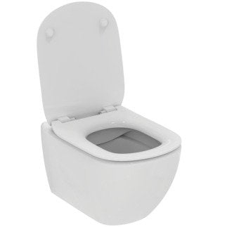 Ideal Standard Coppia sanitari sospesi vaso rimless e bidet ambientato su piano bagno con accessori