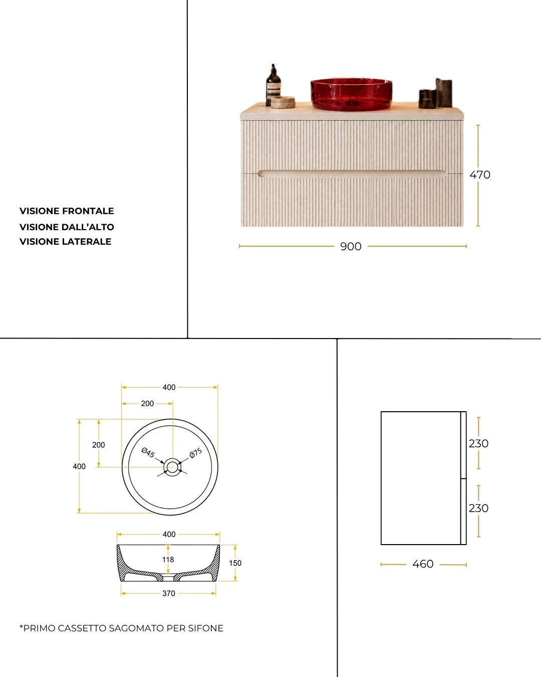 Mobile bagno bianco opaco 90x46 cannettato Ischia ciotola in resina ambra
