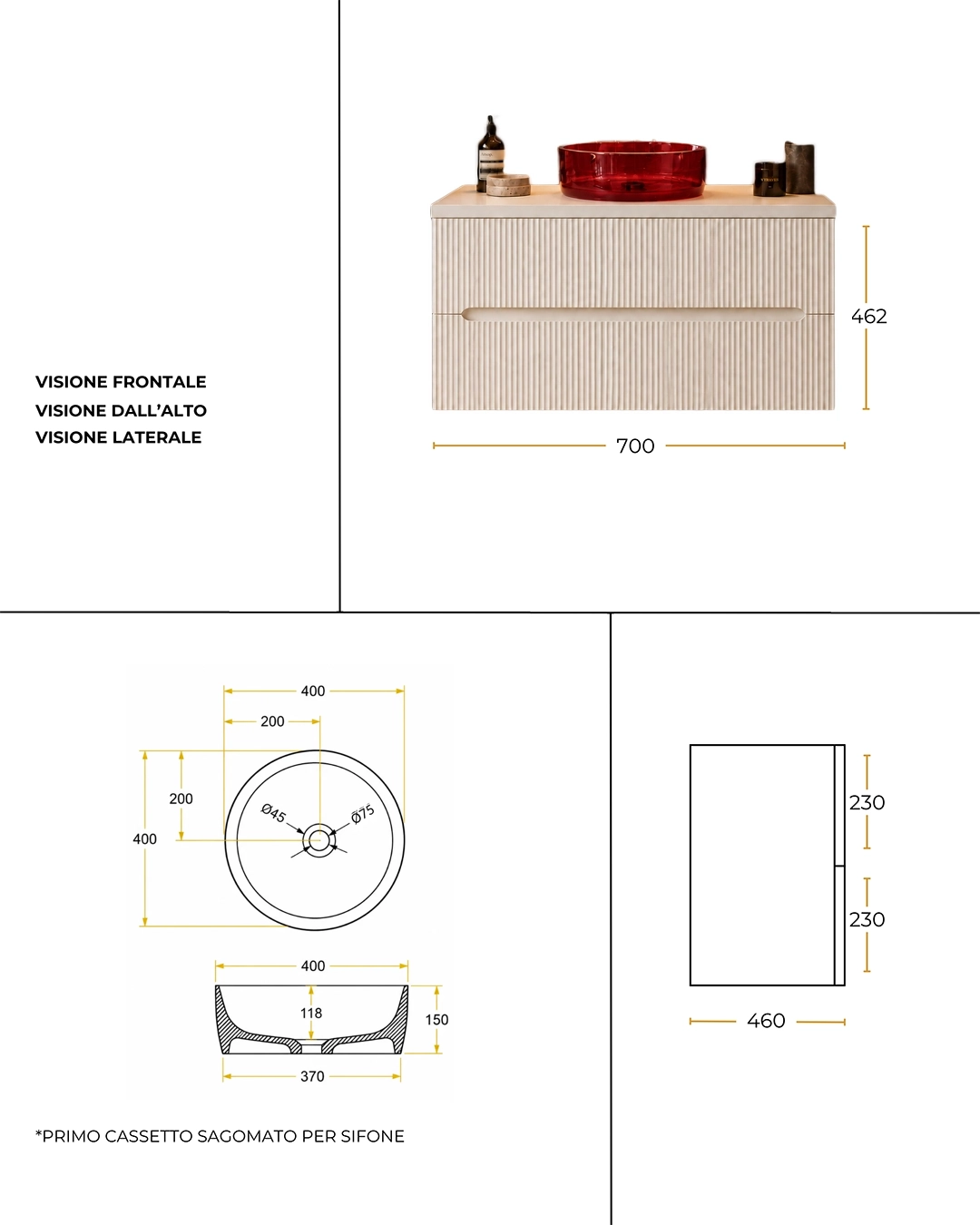 Mobile bagno bianco opaco 70x46 cannettato Ischia ciotola in resina blu