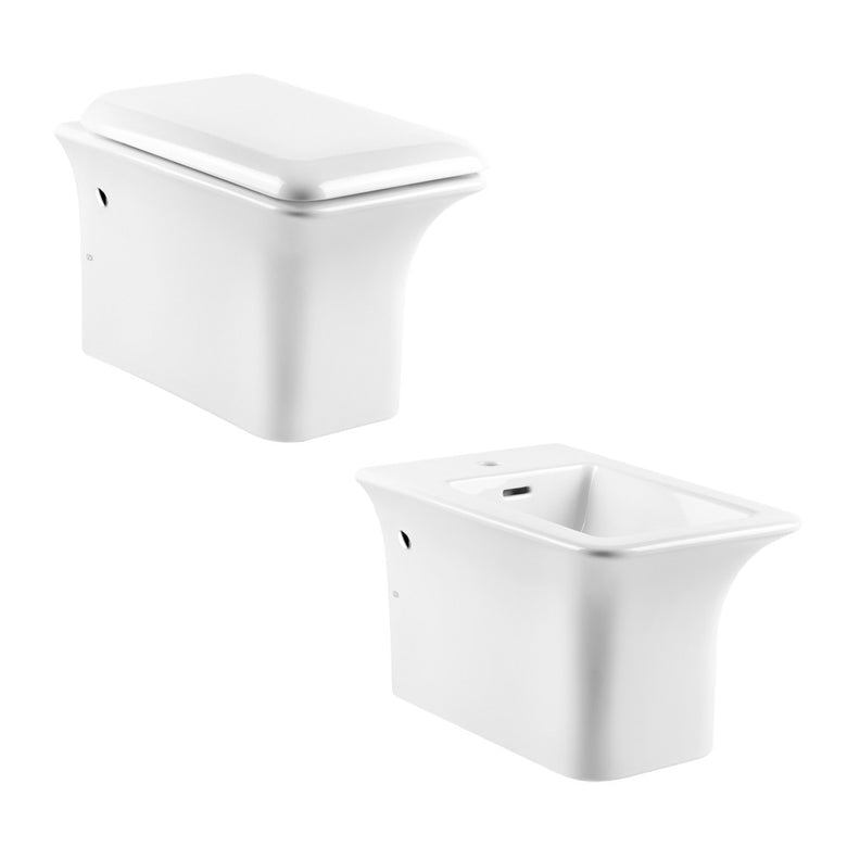 Coppia sanitari sospesi Vaso e Bidet con Coprivaso, vista laterale del profilo e della forma